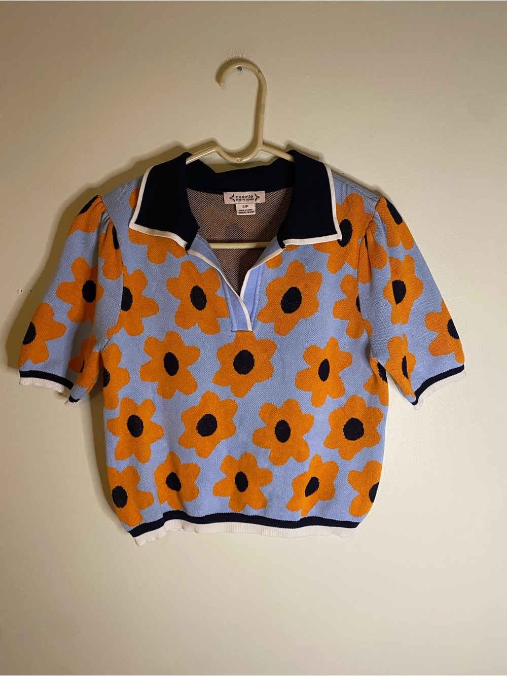 Nanette Lepore Blue Polo Top with Orange Floral Print